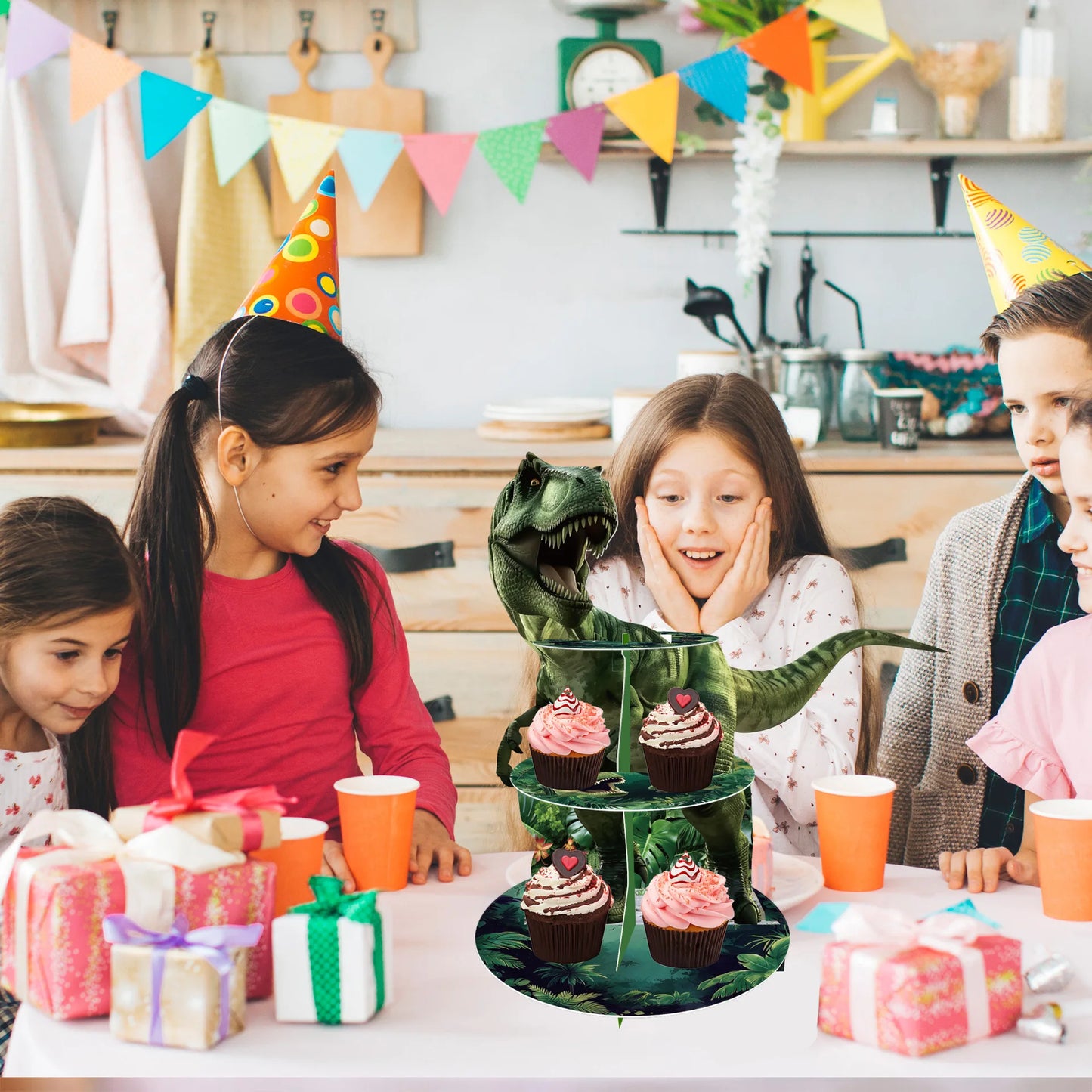 3-Tier Dinosaur Cupcake Stand Kids Boy Favor Birthday Dinosaur Party Decorations Jungle Dinosaur Dessert Tower Party Cake Stand