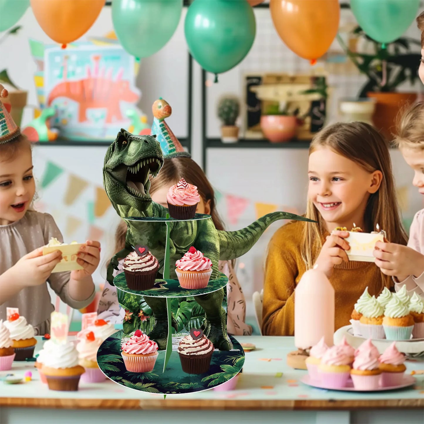 3-Tier Dinosaur Cupcake Stand Kids Boy Favor Birthday Dinosaur Party Decorations Jungle Dinosaur Dessert Tower Party Cake Stand